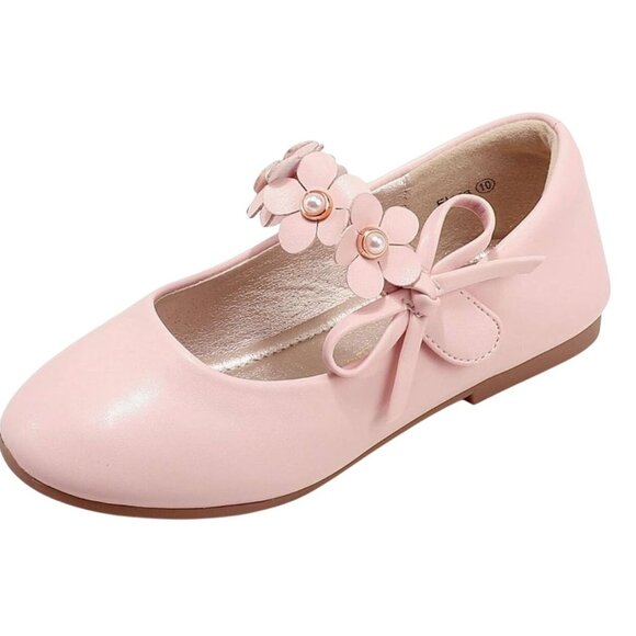 Girls Pink Dress Shoes Flower Girl Flats Pearls Bow Mary Jane Wedding Party 12 - Picture 1 of 7